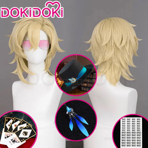 【Partially Ready For Ship】DokiDoki Game Honkai: Star Rail Cosplay Aventurine Wig / Ear Clip / Hat / Bracelet Short Straight Yellow Hair Shajin/ Tattoo Stickers / Glasses Sunglasses / Poker Prop